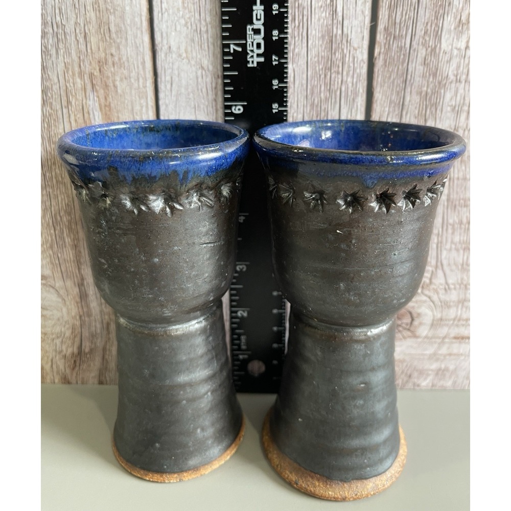 Handmade Studio Pottery Goblets Pair Gunmetal Cobalt Blue Stoneware Chalice 4oz - Picture 13 of 16